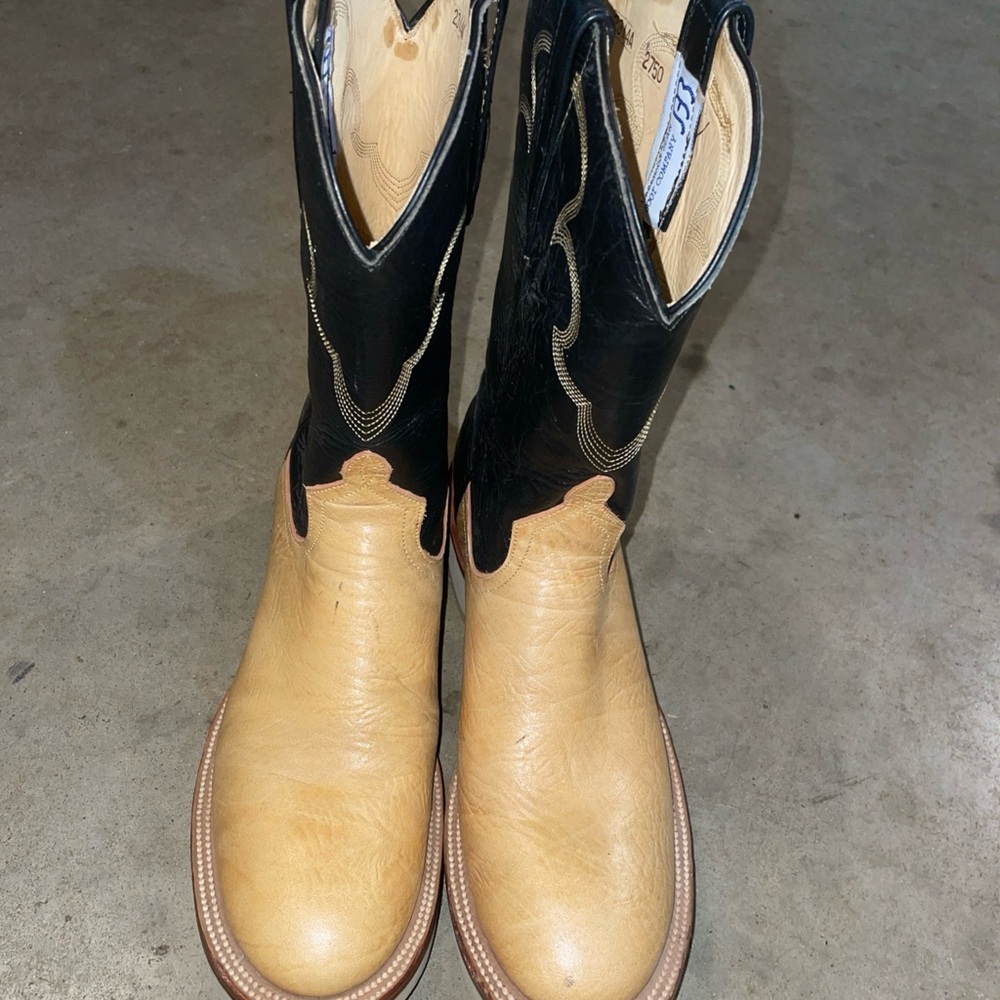 Anderson Bean Vtg Cowboy Boots All Leather Black Sz 7B Black/yellow Tan Good Con